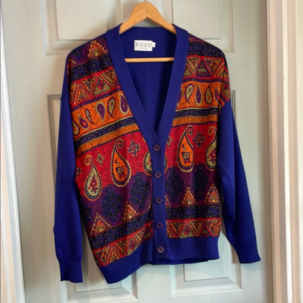 Russ Women's L Vintage 80s Royal Blue Multicolor Paisley V-Neck Cardigan Sweater